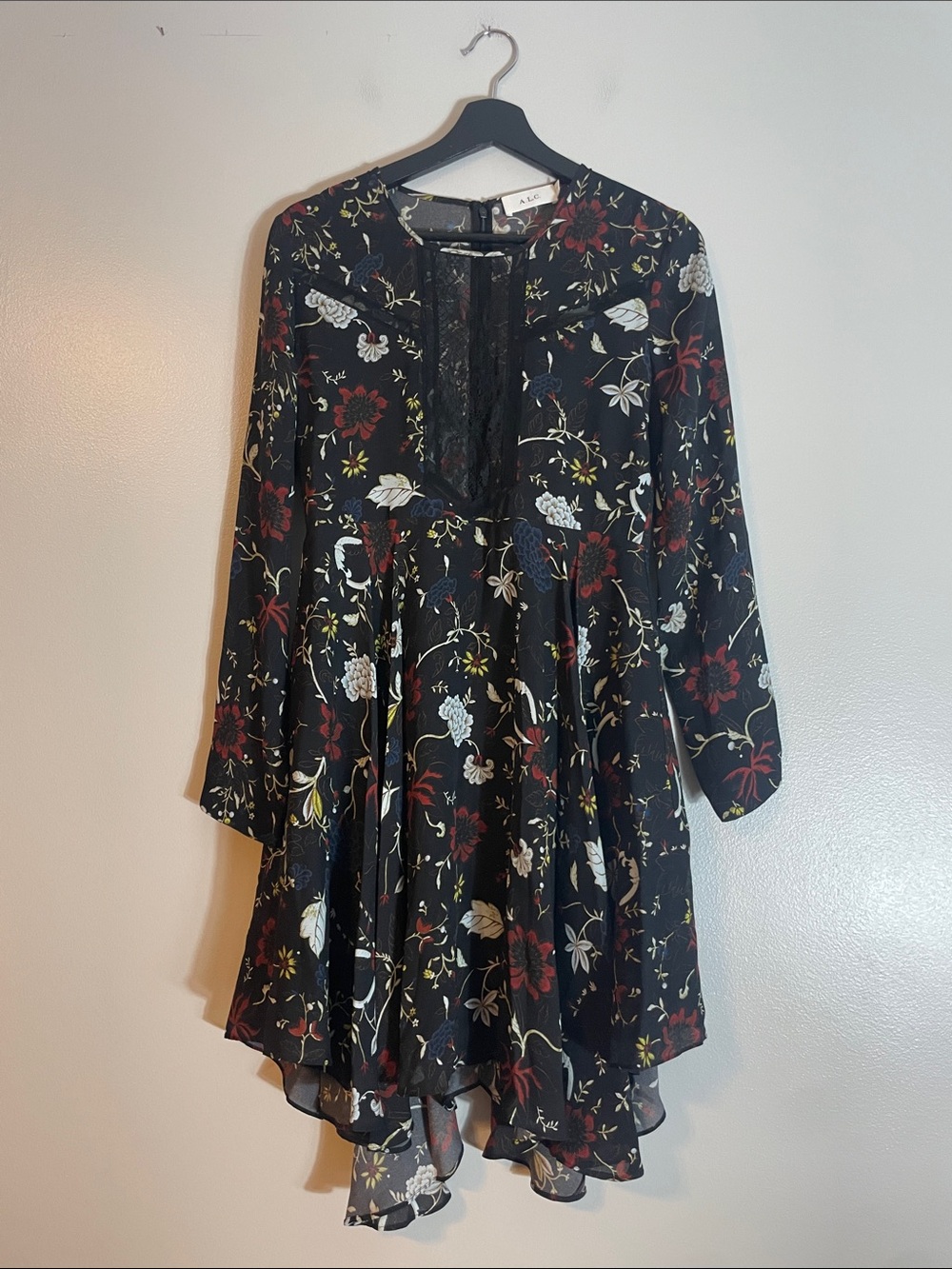 A.L.C. Black Floral Long-Sleeve Lace-Front Fit & Flare Dress